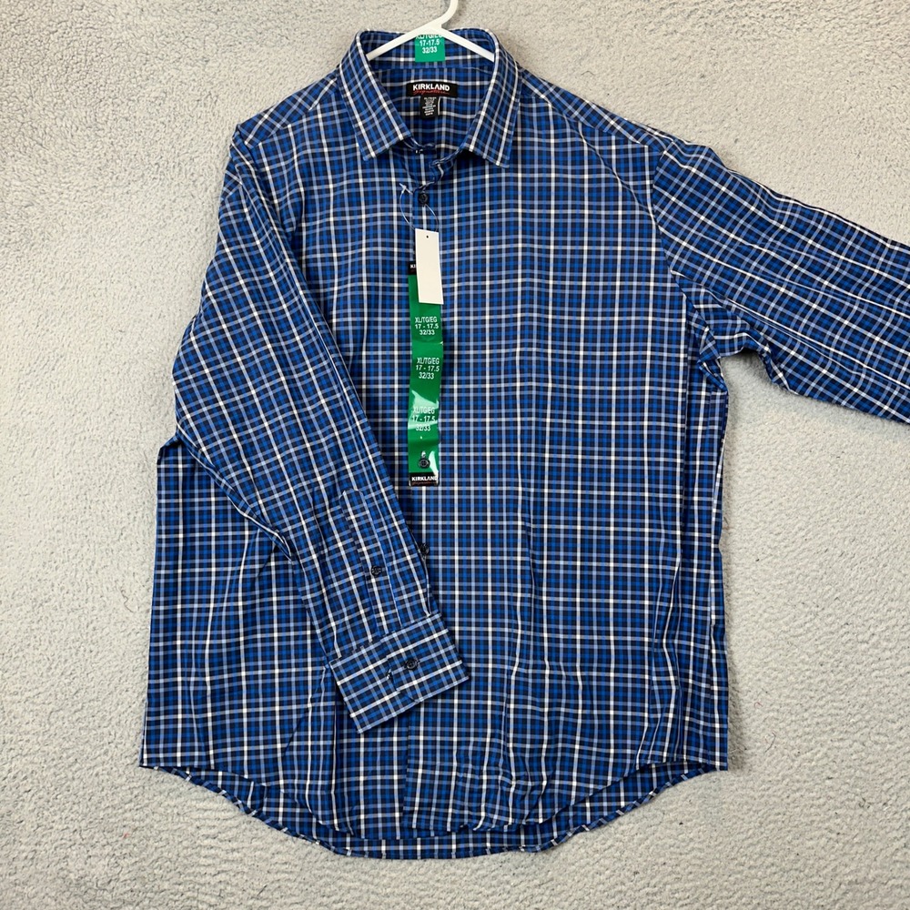 NEW Kirkland Performance Sport Shirt Mens XL 17-17.5 Blue Check Dress Button Up